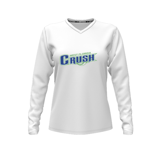 [CUS-DFW-TEES-CMF-VNK-LSL-WHT-FYXS-LOGO1] Decker Comfort T-Shirt (Female Youth XS, White, V Neck, Logo 1, Long Sleeve)