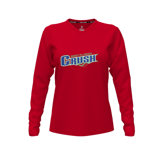 [FTLVPTRD-FYXS-LOGO1] Decker Performance T-Shirt (Female Youth XS, Red, V Neck, Logo 1, Long Sleeve)