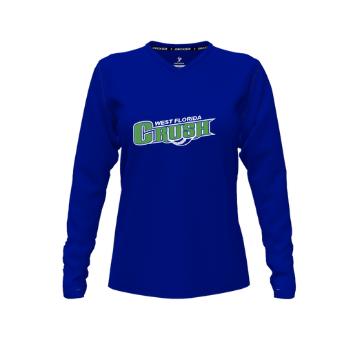 [CUS-DFW-TEES-CMF-VNK-LSL-RYL-FYXS-LOGO2] Decker Comfort T-Shirt (Female Youth XS, Royal, V Neck, Logo 2, Long Sleeve)