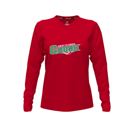 [CUS-DFW-TEES-CMF-VNK-LSL-RED-FYXS-LOGO2] Decker Comfort T-Shirt (Female Youth XS, Red, V Neck, Logo 2, Long Sleeve)