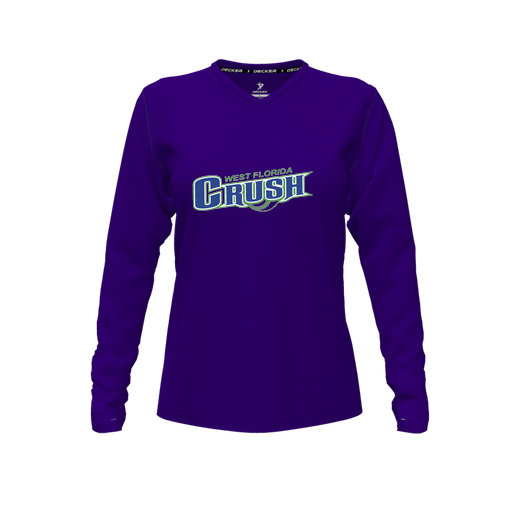 [CUS-DFW-TEES-CMF-VNK-LSL-PUR-FYXS-LOGO1] Decker Comfort T-Shirt (Female Youth XS, Purple, V Neck, Logo 1, Long Sleeve)