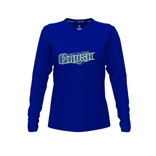 [CUS-DFW-TEES-PER-VNK-LSL-RYL-FYXS-LOGO1] Decker Performance T-Shirt (Female Youth XS, Royal, V Neck, Logo 1, Long Sleeve)